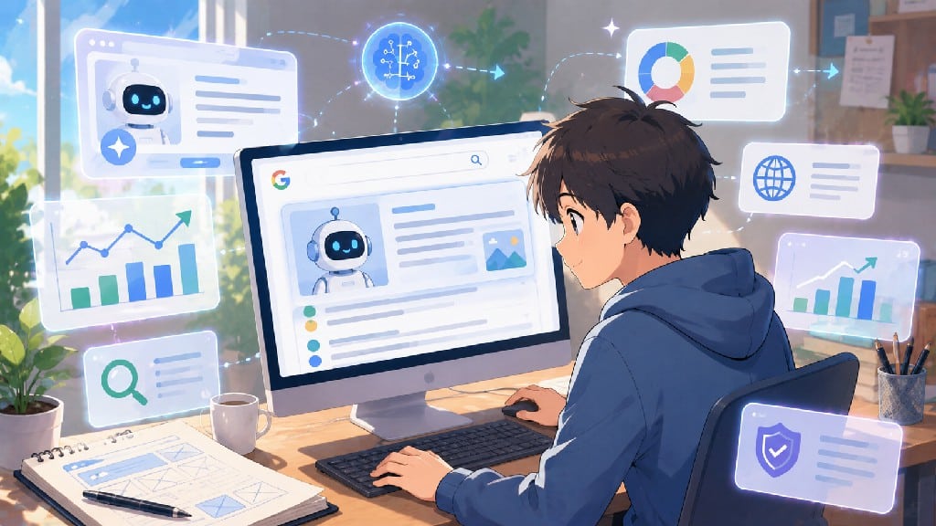 AI Overview 搜尋結果與生成式 AI SEO 優化工作示意圖,展示 AI 回答、搜尋介面與網站內容優化流程。