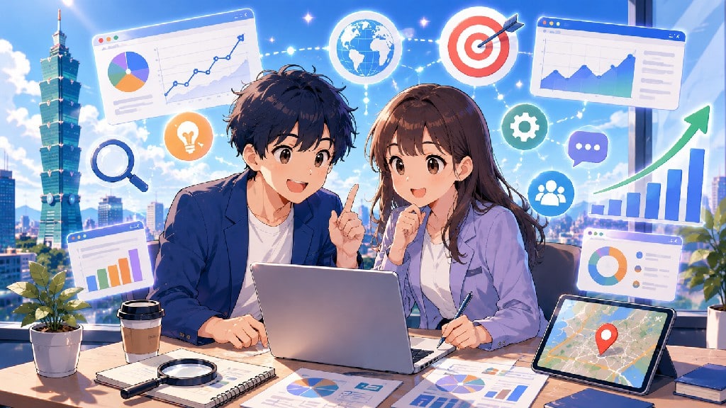台北 SEO 布局示意圖，展示 SEO 策略規劃、搜尋意圖分析、網站架構、內容優化、關鍵字研究、轉換率提升、AI 搜尋與在地 SEO 行銷整合，呈現企業提升自然搜尋流量與商業成效的完整流程。