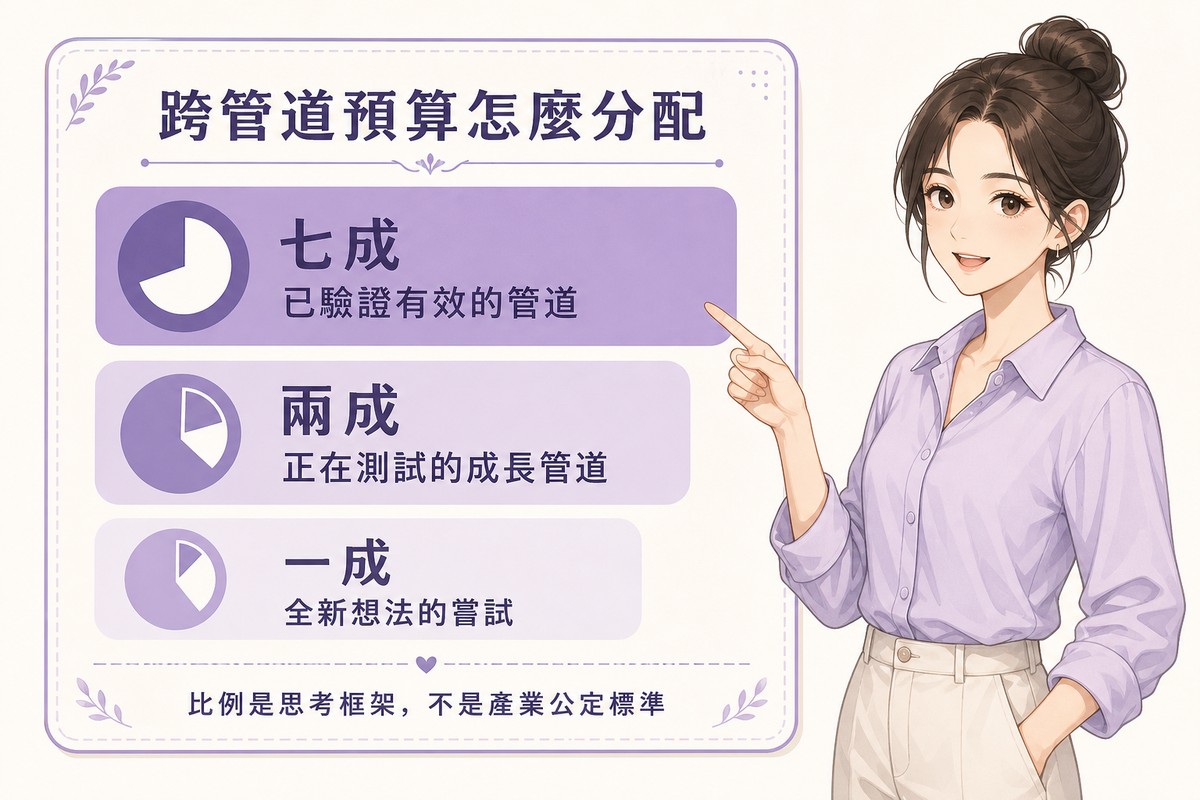 跨管道預算分配圖解:七成投入已驗證有效的管道、兩成投入正在測試的成長管道、一成用來嘗試全新想法,並註明比例是思考框架而非產業公定標準