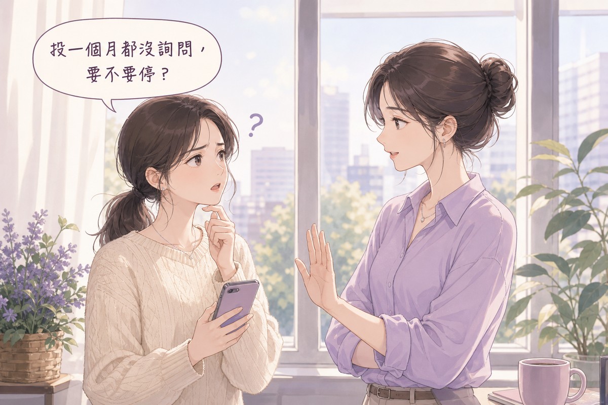 兩位女性在辦公室窗邊對話,一人拿著手機皺眉問投一個月都沒詢問要不要停,另一人做出先等等的手勢