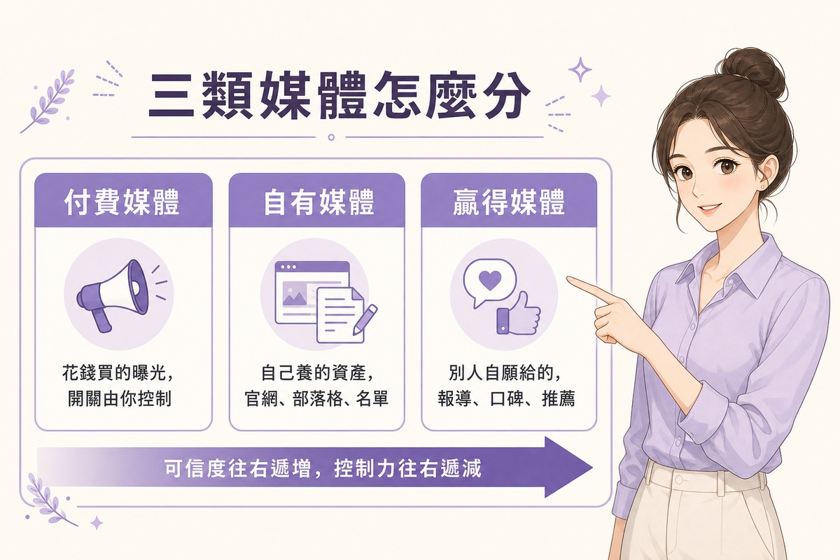 三類媒體分類圖解:付費媒體是花錢買的曝光開關由你控制、自有媒體是自己養的資產包含官網部落格名單、贏得媒體是別人自願給的報導口碑推薦,下方箭頭標示可信度往右遞增控制力往右遞減