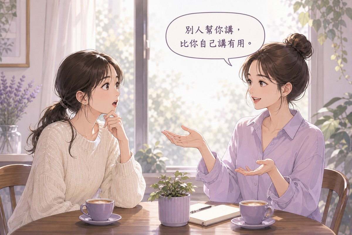 兩位女性在咖啡桌旁對話,一人恍然大悟地聽著,另一人攤手說明別人幫你講比你自己講有用