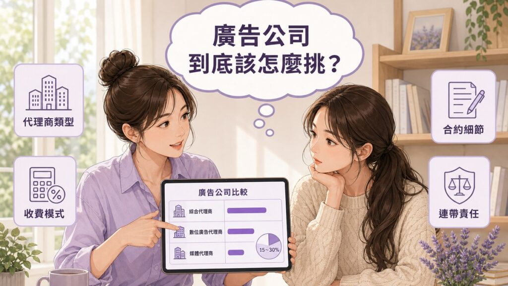兩位女性在辦公室討論如何挑選廣告公司,平板上顯示綜合代理商、數位廣告代理商、媒體代理商的比較與15~30%服務費比例