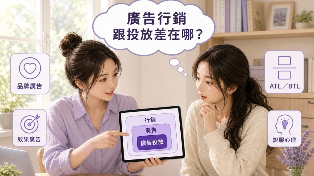 兩位女性討論廣告行銷，平板上顯示行銷、廣告、廣告投放三層包含關係，周圍有品牌廣告、效果廣告、ATL／BTL、說服心理四個主題圖示