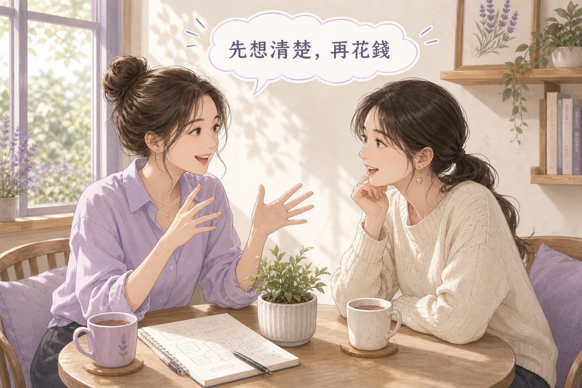 兩位女性在窗邊小桌前聊廣告規劃,桌上放著畫有規劃草圖的筆記本與熱飲
