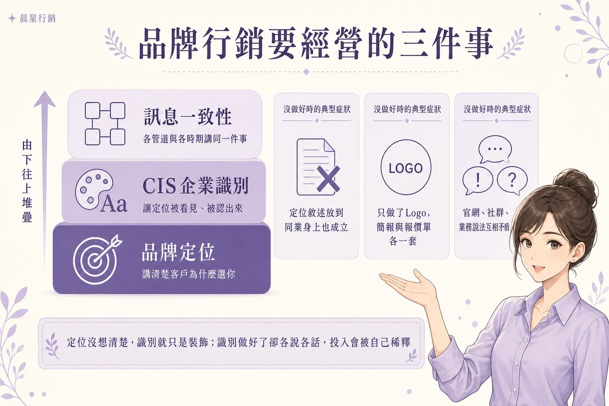 圖解品牌行銷要經營的三件事:品牌定位、CIS企業識別、訊息一致性由下往上堆疊,並列出各自沒做好時的典型症狀