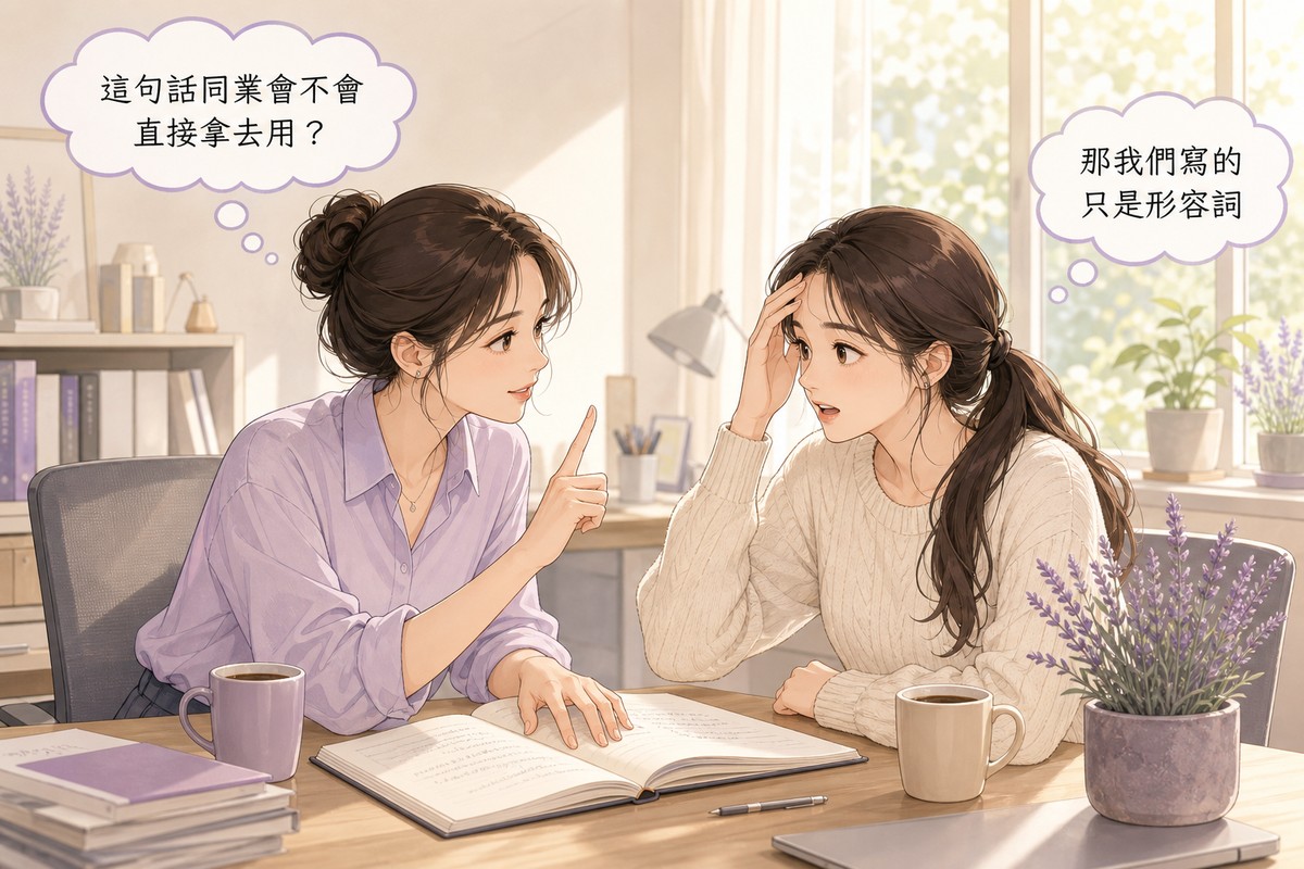 兩位同事在辦公桌前討論品牌定位,一人提醒定位敘述如果同業也能直接拿去用就不算定位