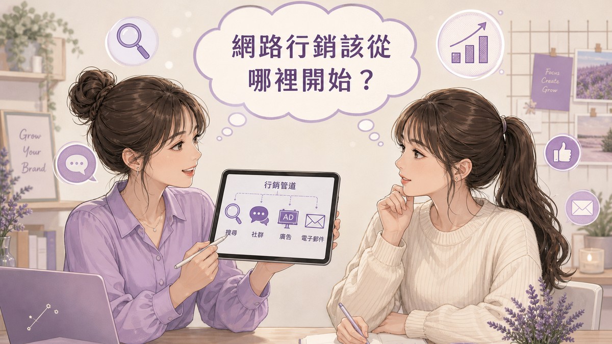 兩位女性討論網路行銷管道組合的插畫，平板顯示搜尋、社群、廣告、電子郵件四種行銷管道icon