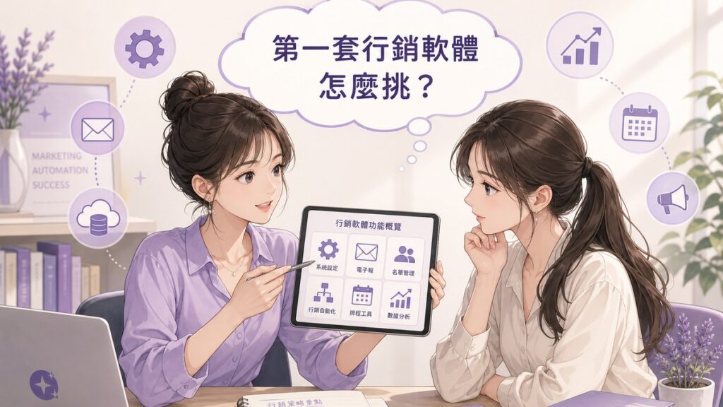 兩位女性討論行銷軟體功能分類的插畫,平板顯示CRM、電子報、行銷自動化等功能圖示