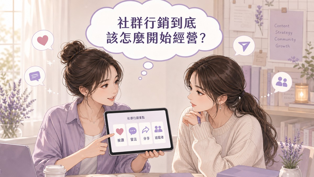 兩位行銷人員討論社群行銷平台選擇，並展示按讚、留言、分享、追蹤者等互動指標的插畫