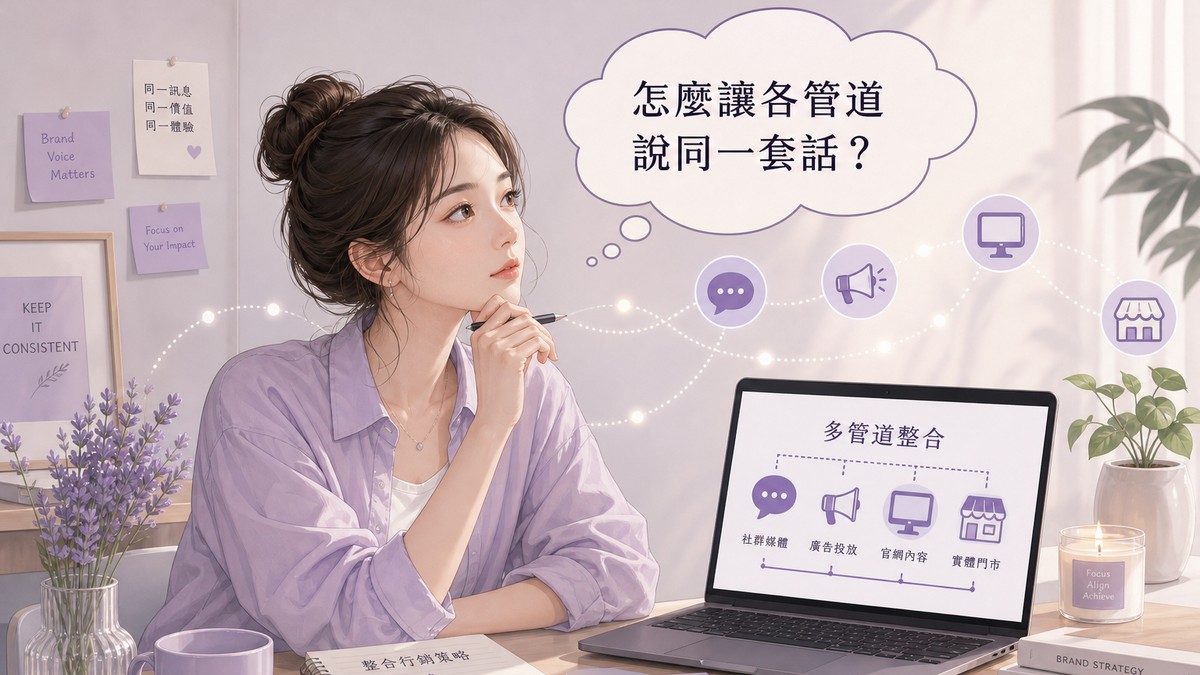 思考如何讓社群、業務、官網傳遞一致核心訊息的插畫