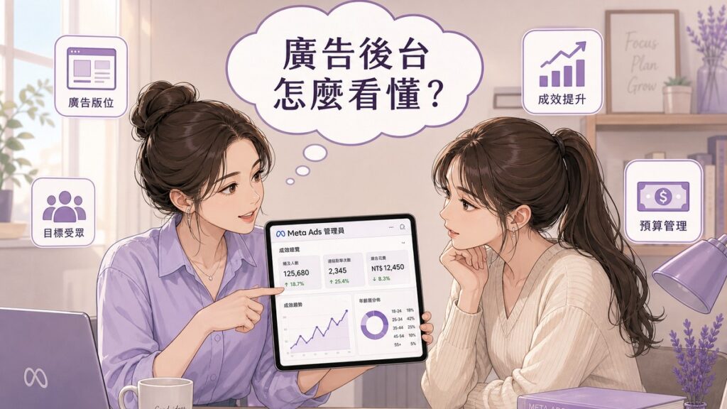兩位角色討論Meta廣告管理員數據儀表板的插畫