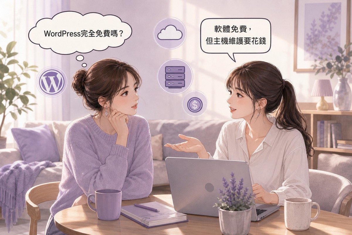 兩人對話情境:一人問WordPress完全免費嗎,另一人說軟體免費但主機維護要花錢