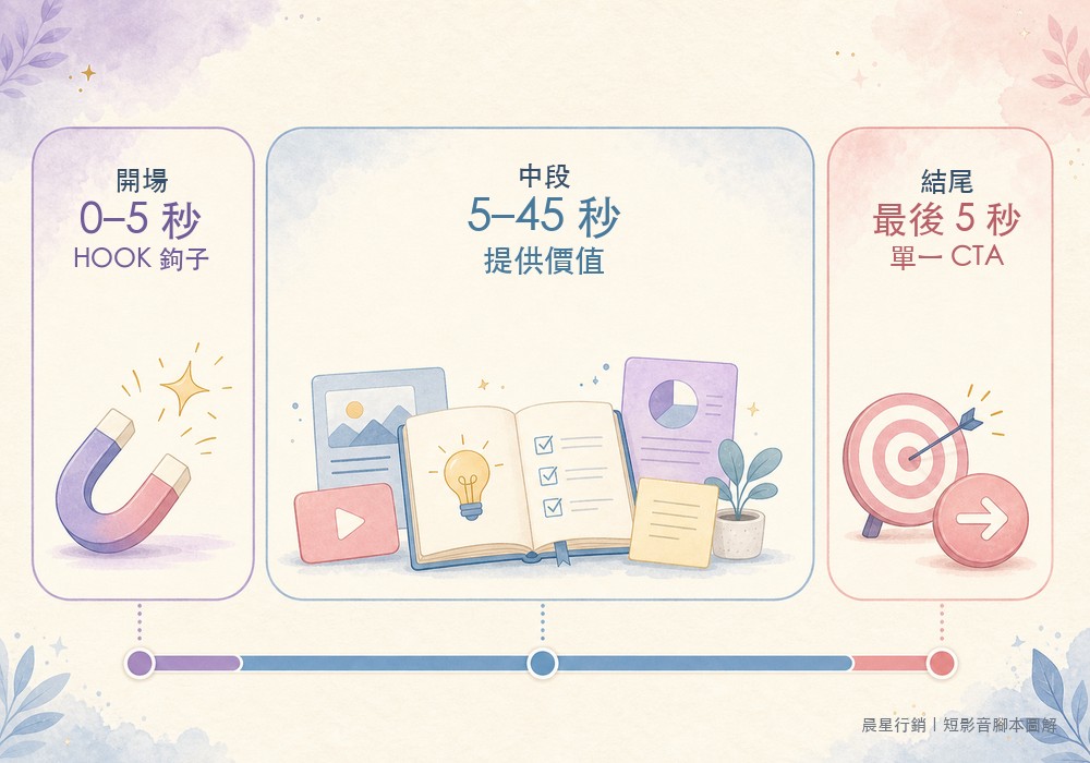短影音腳本三段結構圖解,顯示開場Hook、中段內容、結尾CTA三個區塊與時間分配