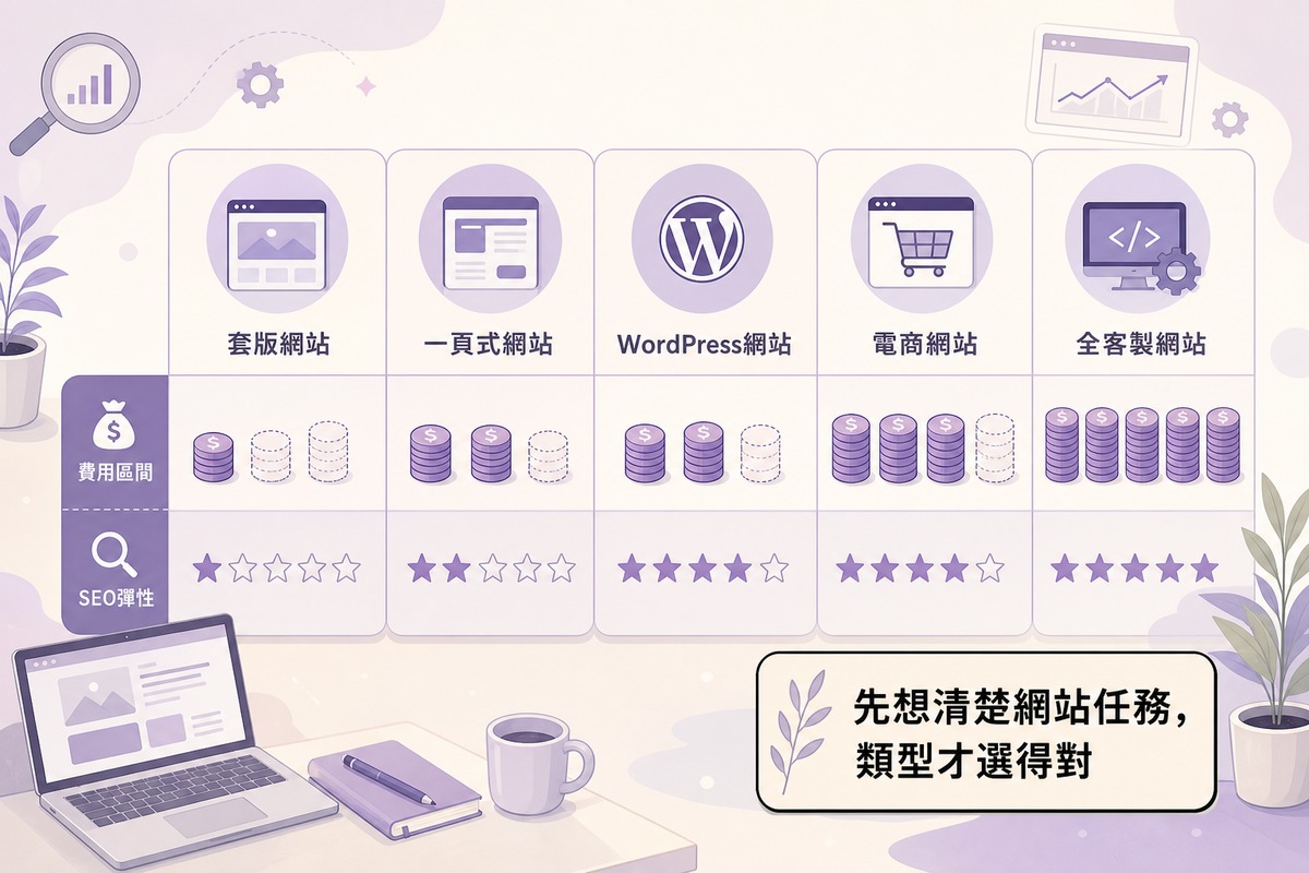 五種網站類型比較表格圖解:套版網站、一頁式網站、WordPress網站、電商網站、全客製網站的費用與SEO彈性差異