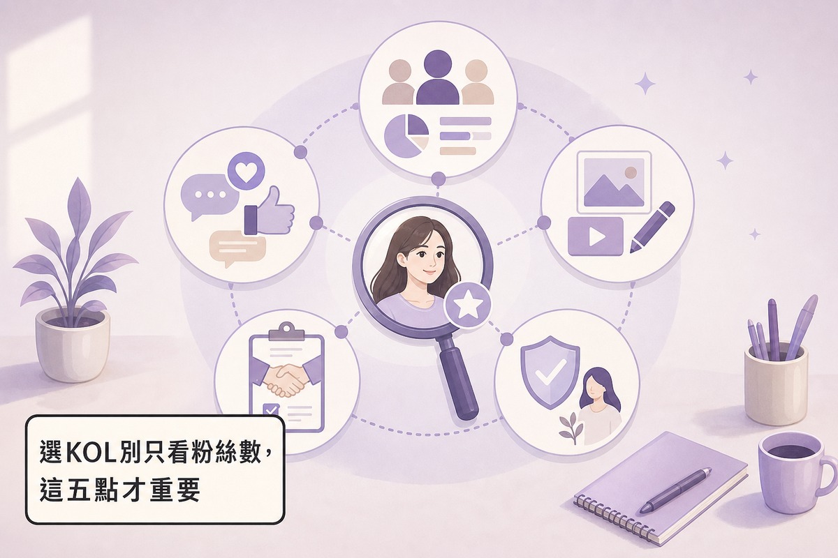 圖解挑選KOL時該看的五個判斷角度：受眾輪廓、互動品質、內容調性、過往合作、真實性