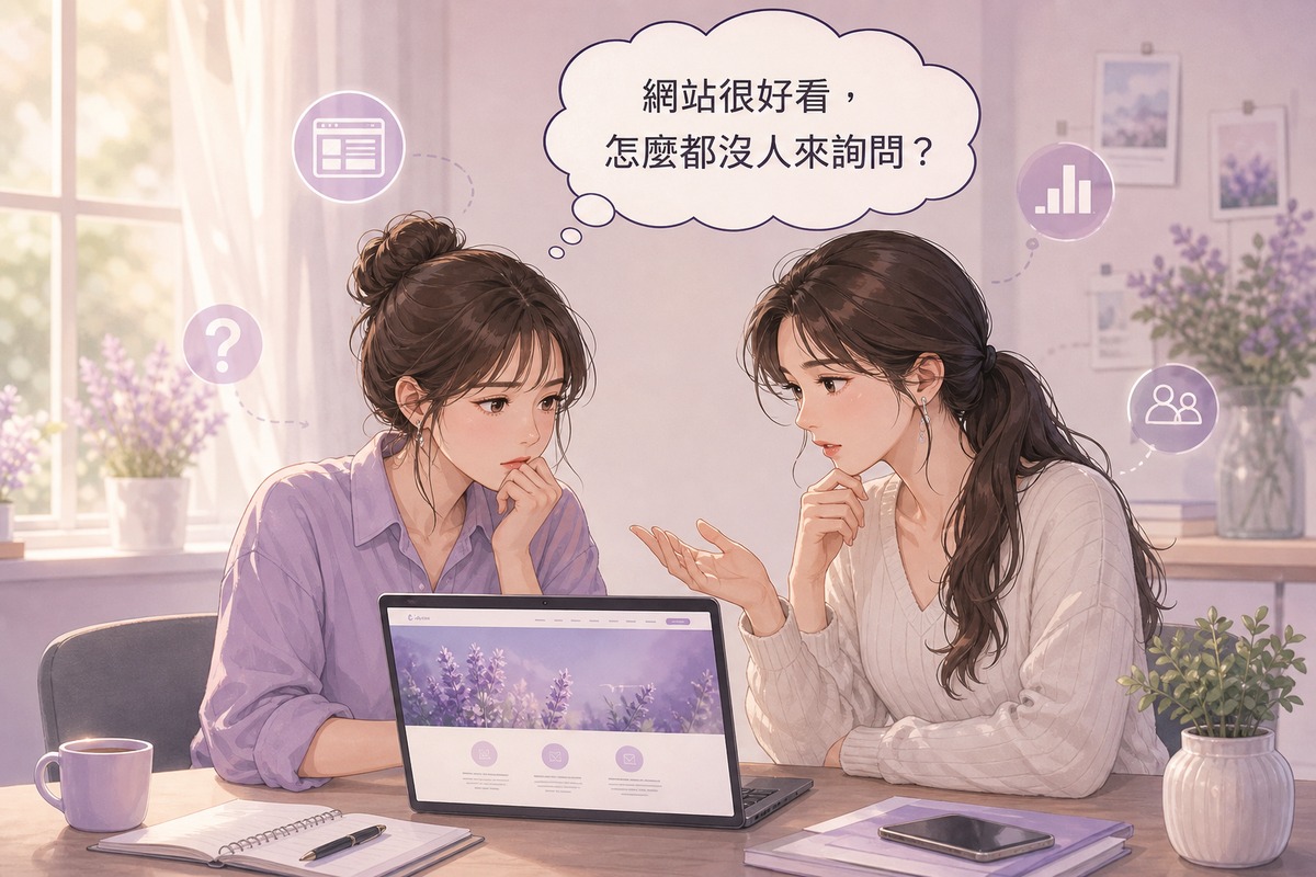 兩位角色對著電腦螢幕討論網站設計精美卻沒有詢問的問題插畫
