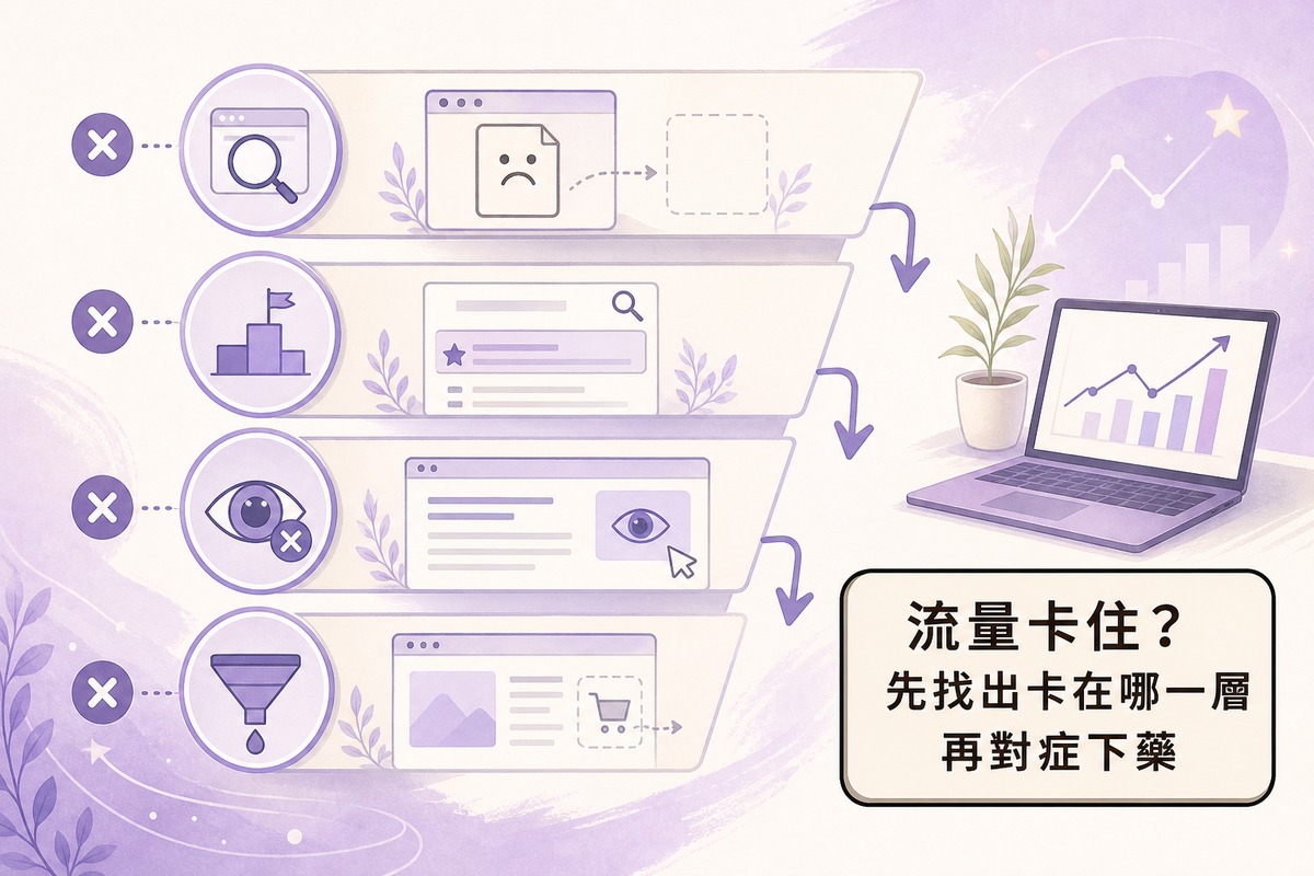 網站流量排查四層順序圖解,從收錄索引、排名、點擊率到轉換依序檢查