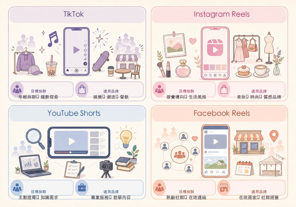 台灣短影音四大平台比較圖,TikTok適合18-35歲Z世代,Instagram Reels適合25-45歲品牌,YouTube Shorts跨年齡層,Facebook Reels觸及35歲以上用戶