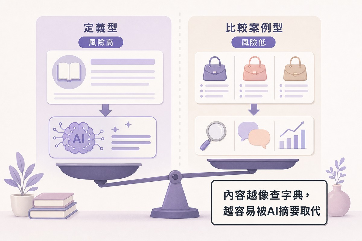 內容類型受AI Overview摘要取代風險對照圖:名詞定義風險較高、比較型與案例型風險較低