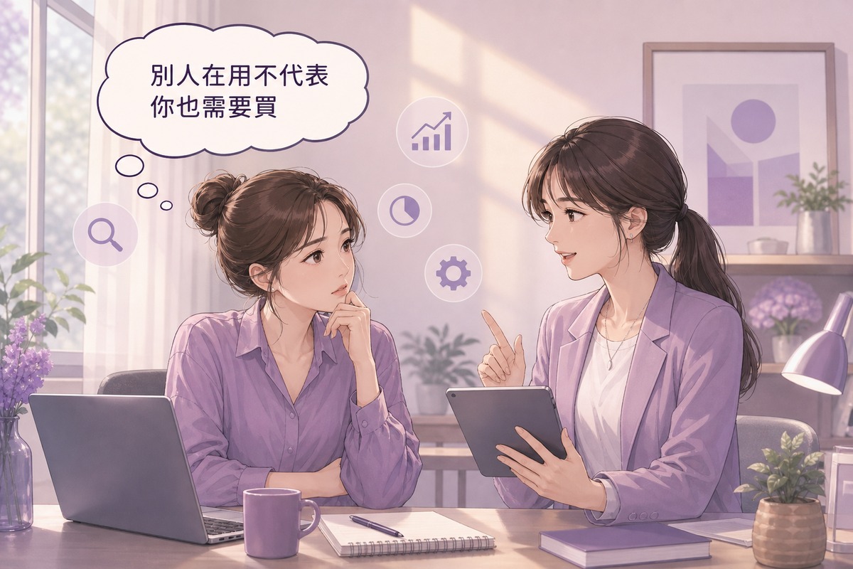 小公司老闆與行銷顧問對話插畫,討論是否該跟進購買昂貴SEO工具