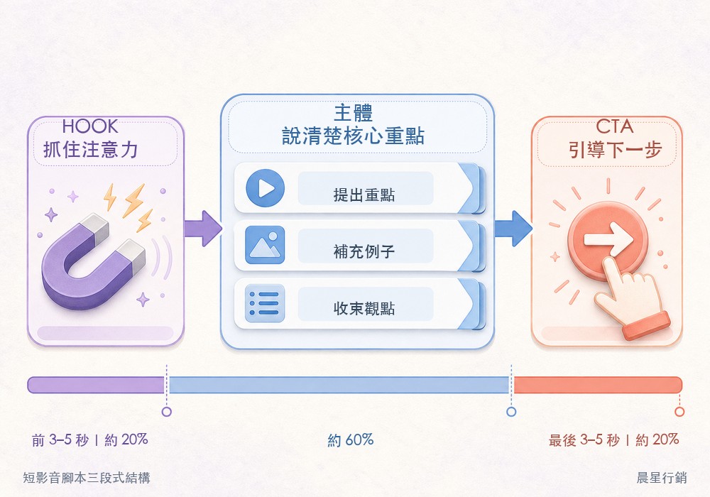 短影音腳本三段式結構流程圖:Hook開場鉤子、主體核心重點、CTA行動呼籲,展示每段功能與時間配比