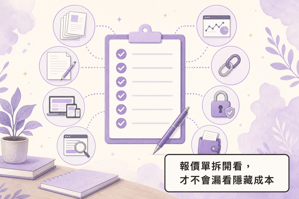 網頁設計報價單應確認項目圖解：頁面數量、文案圖片、RWD響應式、SEO基礎設定、GA4與GSC串接、主機SSL、後續維護、超出範圍計費方式