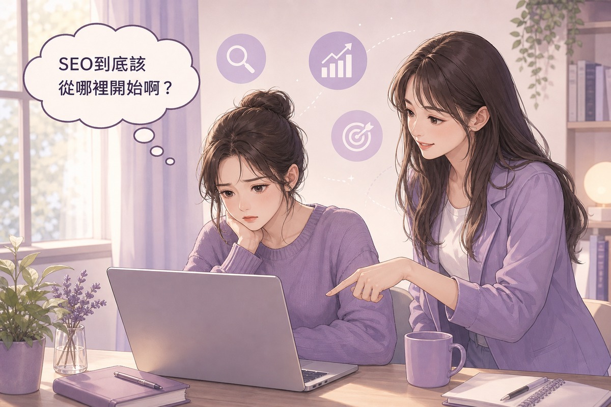 老闆對著螢幕苦惱不知道SEO該從哪裡開始，員工在旁提供建議