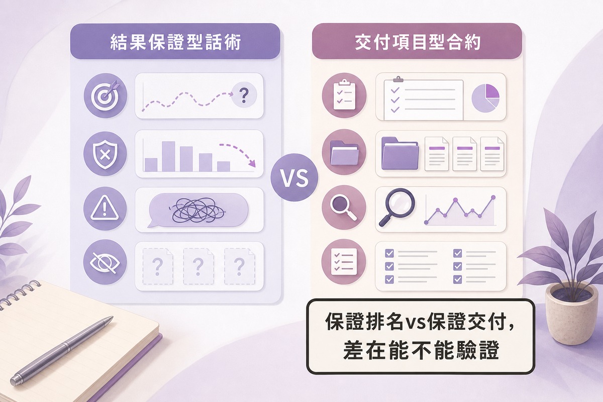 結果保證型話術與交付項目型合約對照圖解