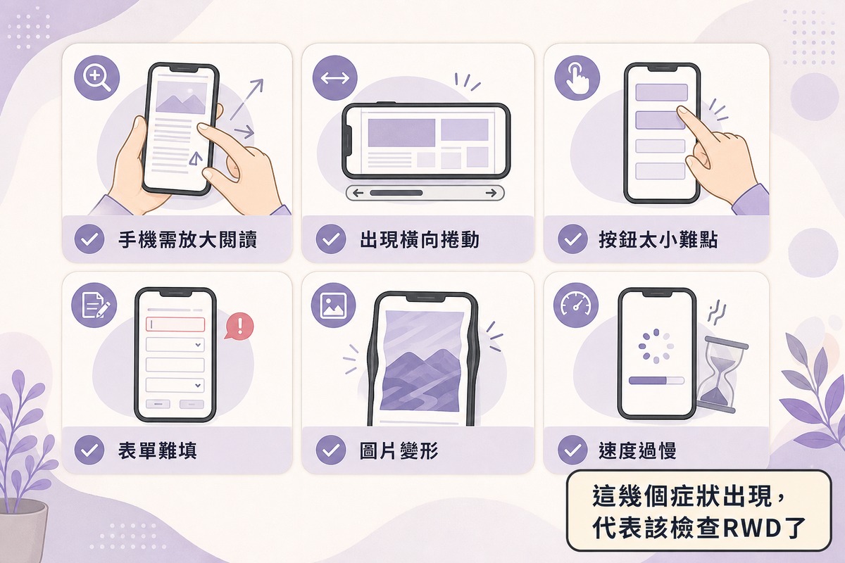 圖解判斷網站是否需要RWD改版的檢查清單:手機需放大閱讀、橫向捲動、按鈕太小、表單難填、圖片變形、速度過慢