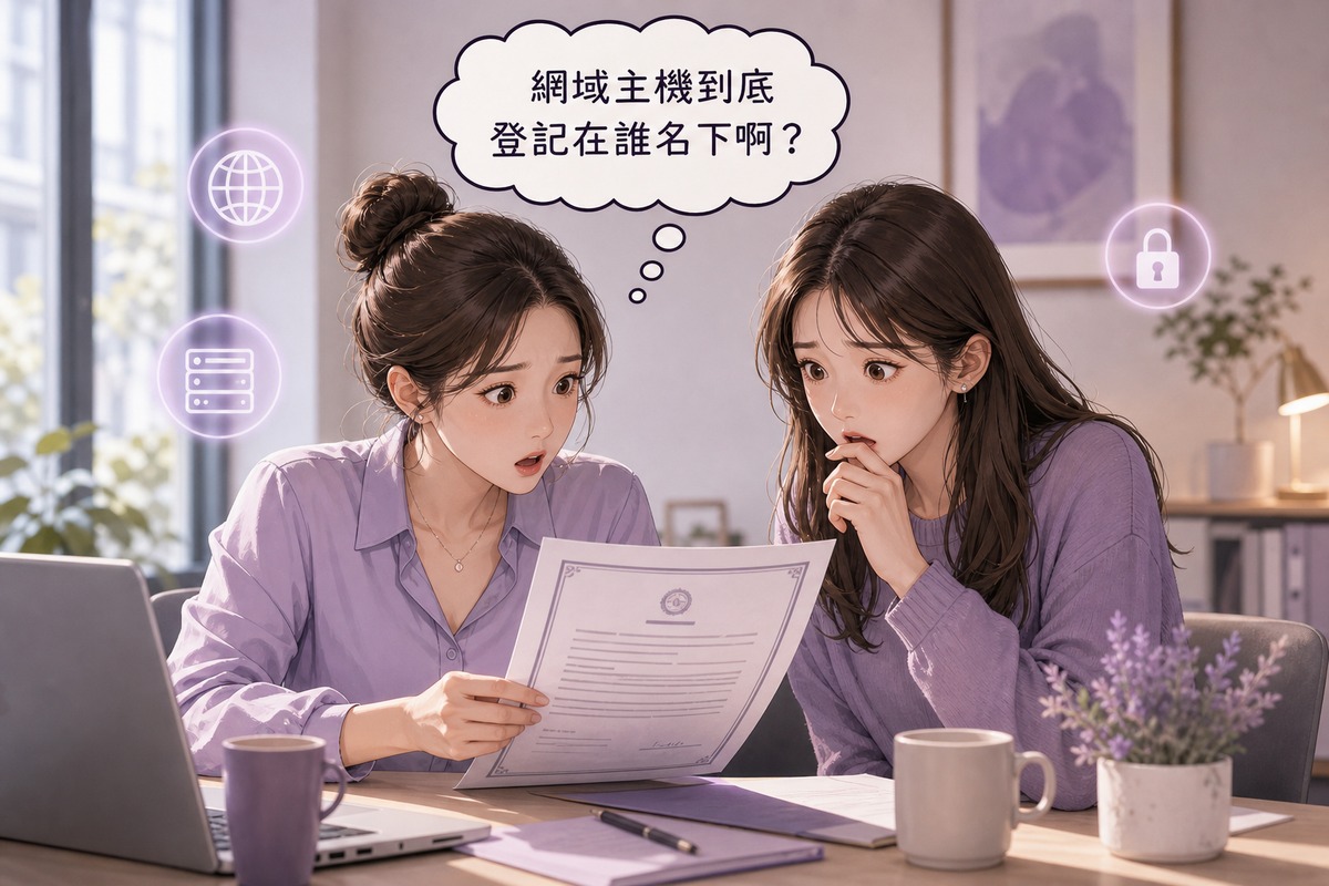 兩位角色一起檢視網站合約，討論網域主機權限歸屬問題的插畫