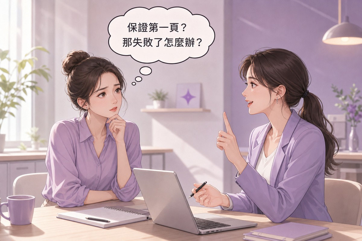 企業主與SEO業務員洽談時互動對話的插畫