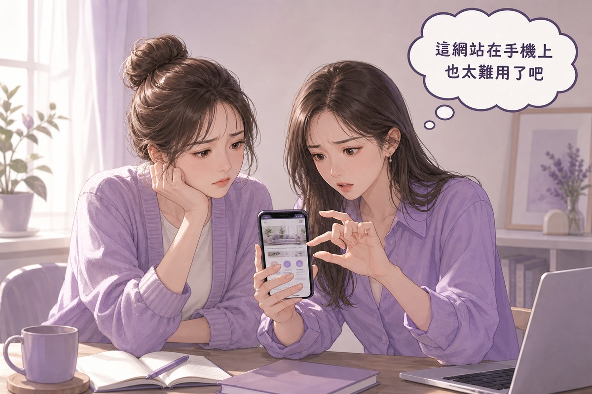 兩人用手機瀏覽網站對話插畫,討論手機版文字太小按鈕難點的問題