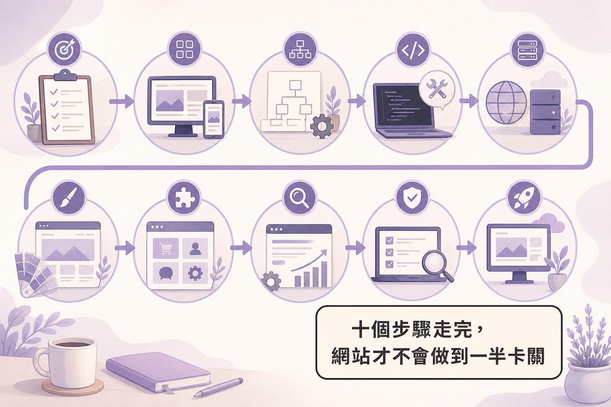 網站架設十步驟流程圖解：確認目的、確認類型、規劃架構、選擇架站方式、準備網域主機、設計頁面、建置功能、SEO基礎設定、測試、上線後維護