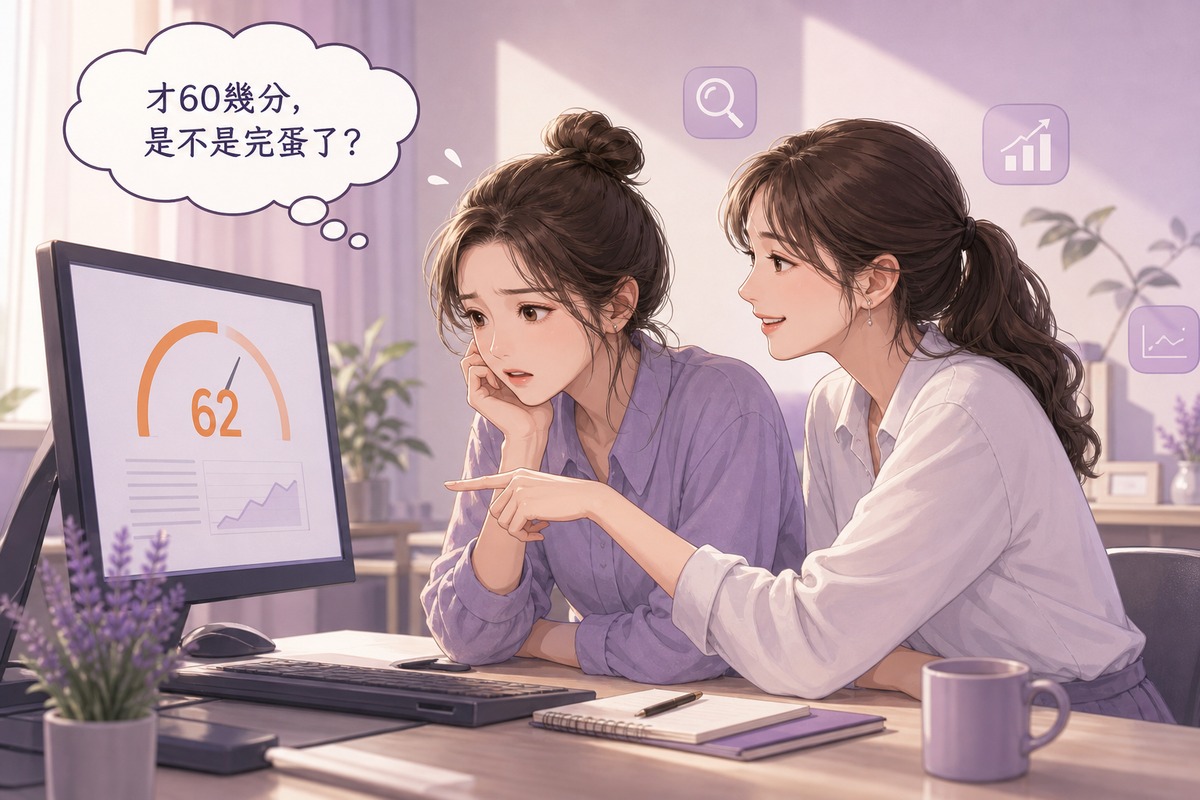 老闆看到PageSpeed Insights橘色分數緊張，員工在旁安慰解釋