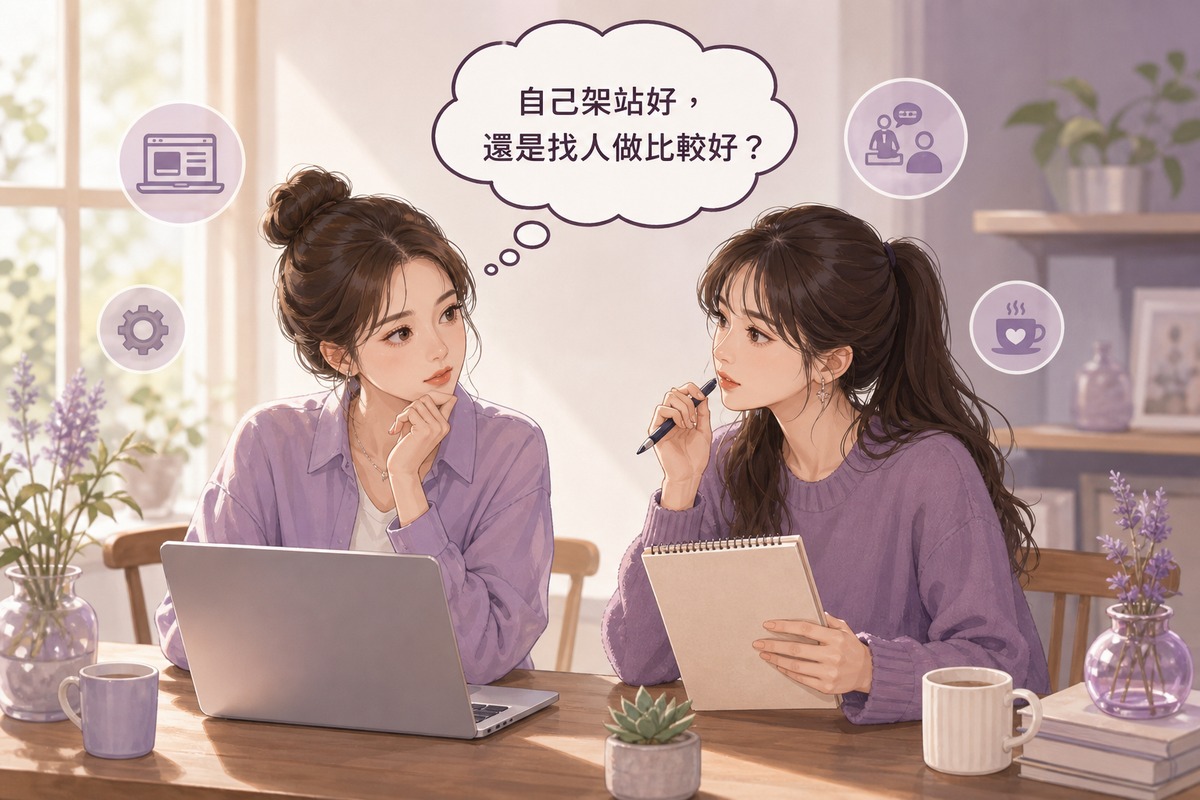 兩位角色討論自己架站還是委外製作網站的插畫