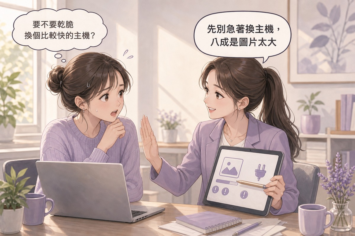 企業主與行銷顧問對話插畫,討論Lighthouse分數偏低是否該換主機
