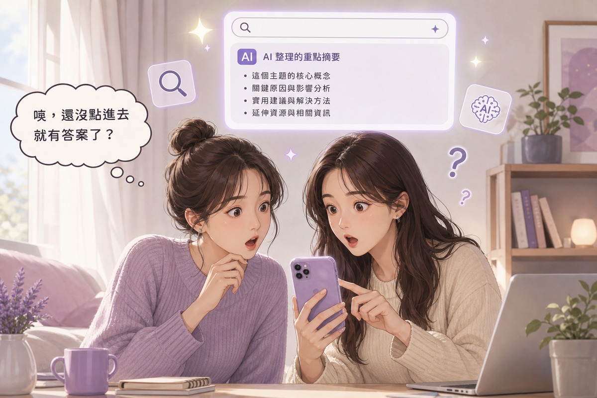 兩人看著手機搜尋結果最上方出現Google AI摘要,露出驚訝表情