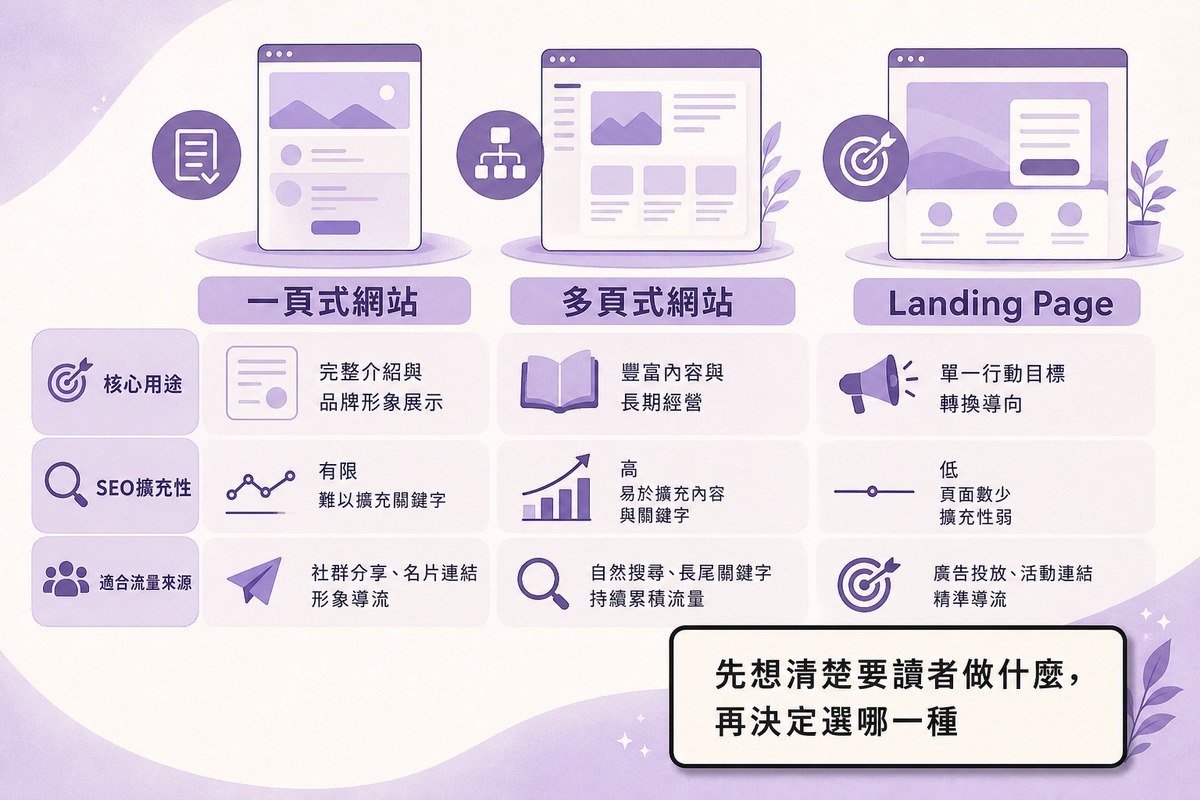 一頁式網站、多頁式網站、Landing Page三者比較圖解:核心用途、SEO擴充空間、適合的流量來源與內容類型