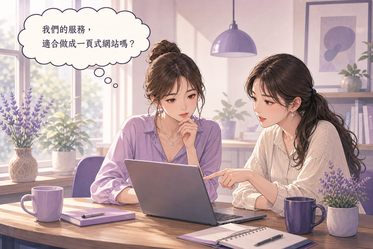兩位角色一起瀏覽手機上的一頁式網站,討論是否適合自己品牌的插畫