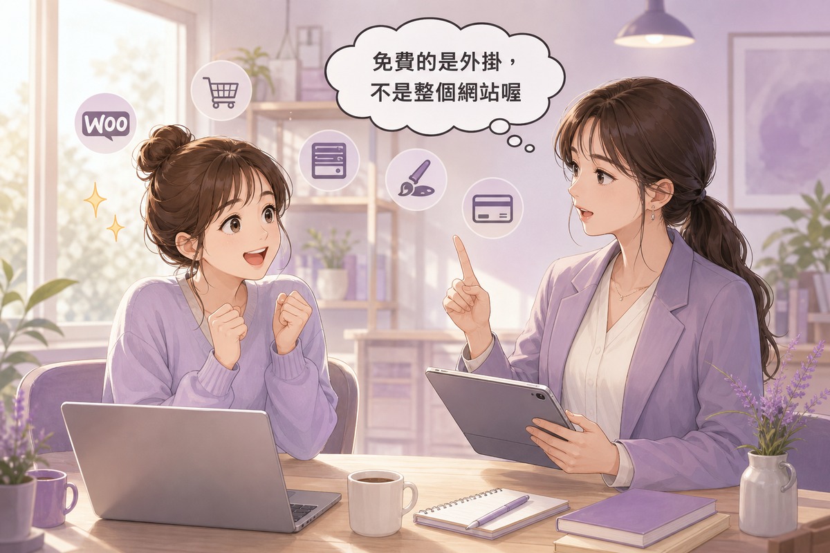 小店主與行銷顧問對話插畫,討論WooCommerce免費外掛之外還有哪些真實成本