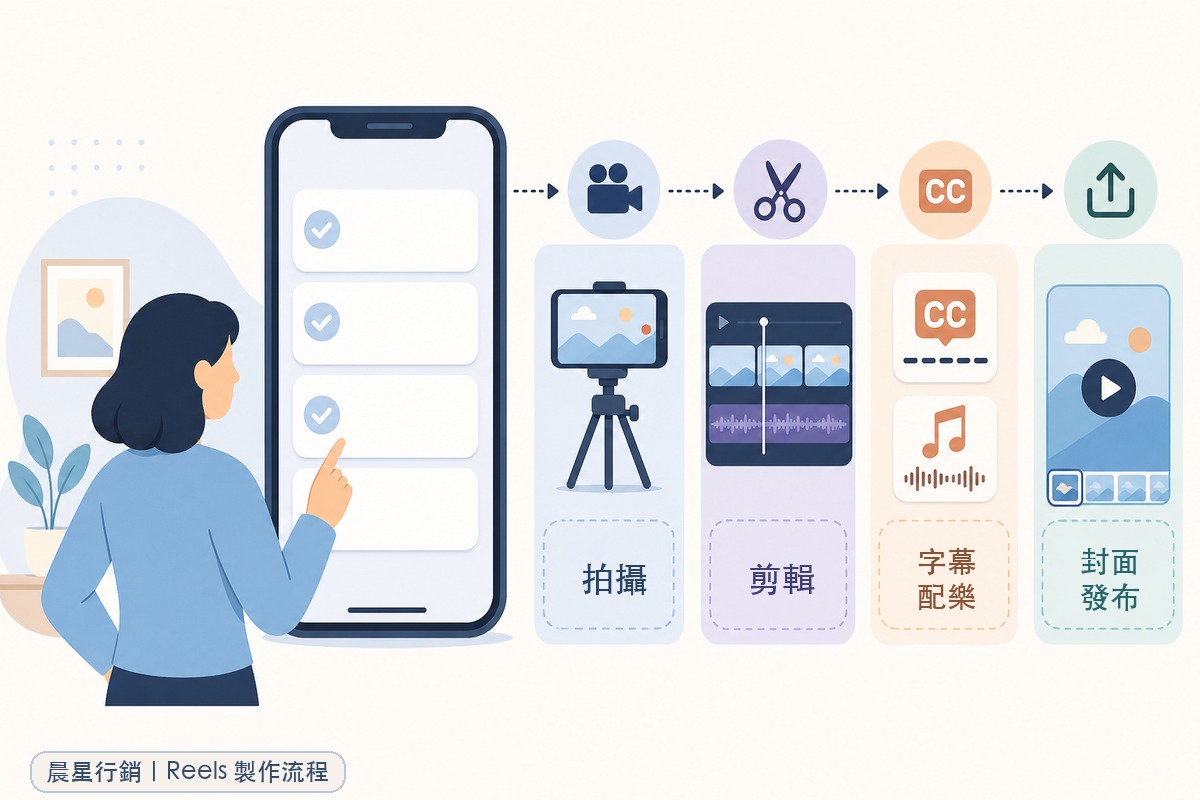 一個角色對照著手機畫面上的步驟清單,依序完成拍攝、剪輯、加字幕配樂、編輯封面後發布Reels短影音