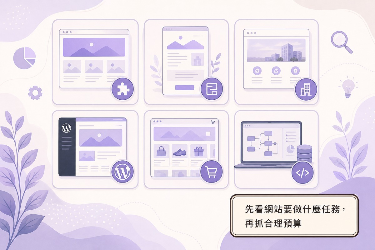 不同網站類型費用參考區間圖表：套版網站、一頁式網站、企業形象網站、WordPress官網、電商網站、客製化系統網站的價格帶