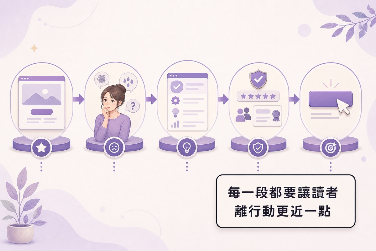 圖解Landing Page常見架構流程:Hero區、痛點區、解決方案、信任元素、CTA