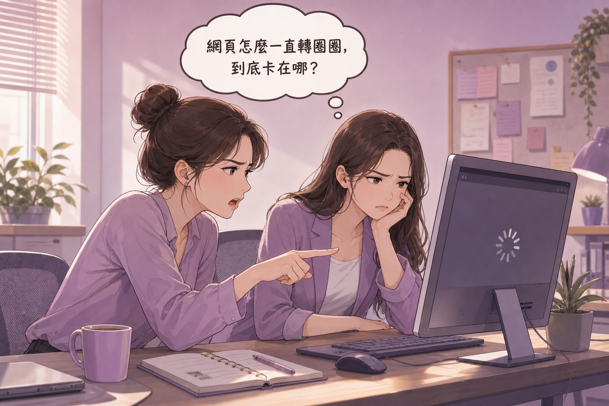 兩位同事看著網站載入緩慢露出不耐煩表情