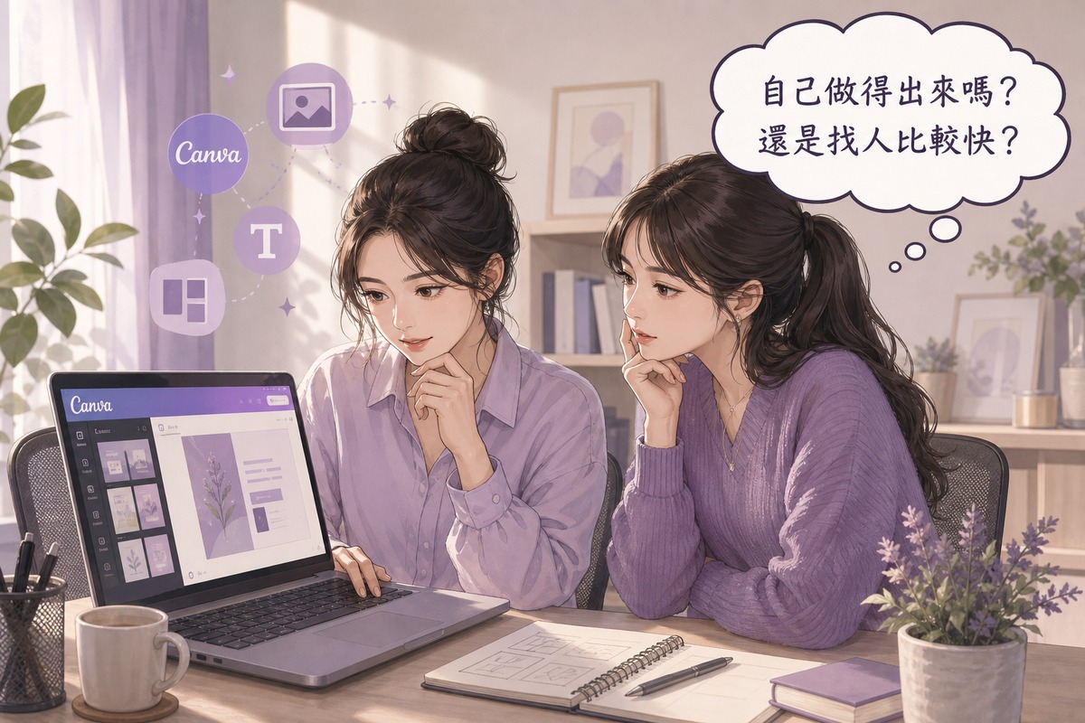 老闆嘗試用Canva自己做廣告設計，朋友在旁討論是否該外包