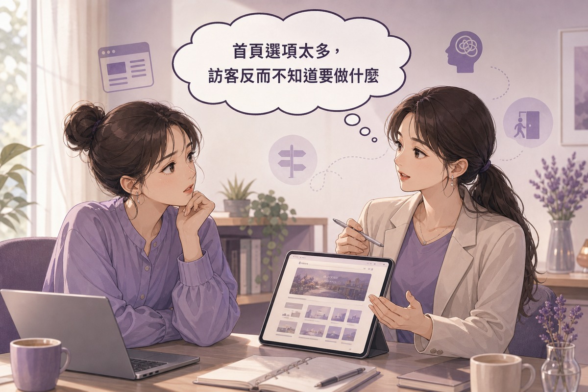 企業主與行銷顧問對話插畫,討論廣告導去官網首頁轉換率不佳的原因
