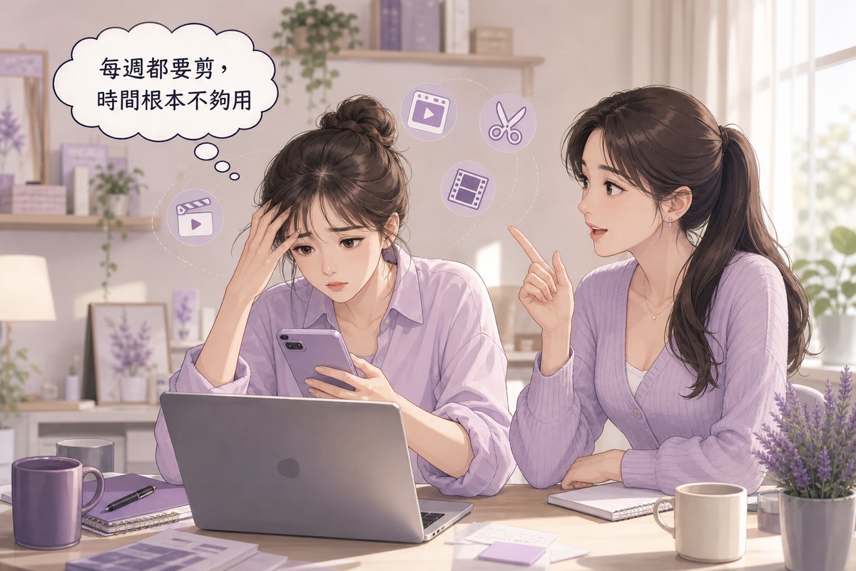 店家老闆忙著剪輯Reels短影音，員工在旁建議考慮代操分擔時間