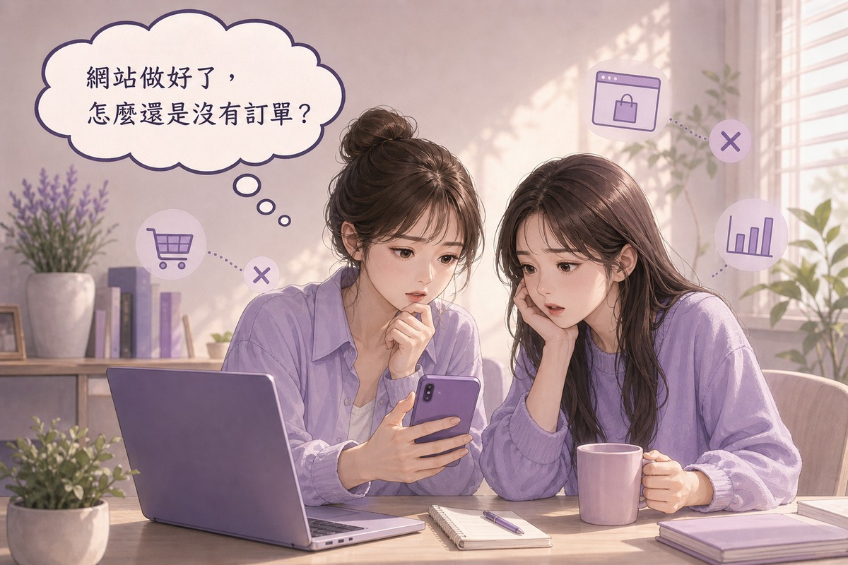 兩位角色看著手機上的購物網站後台,討論網站上線後沒有訂單的插畫