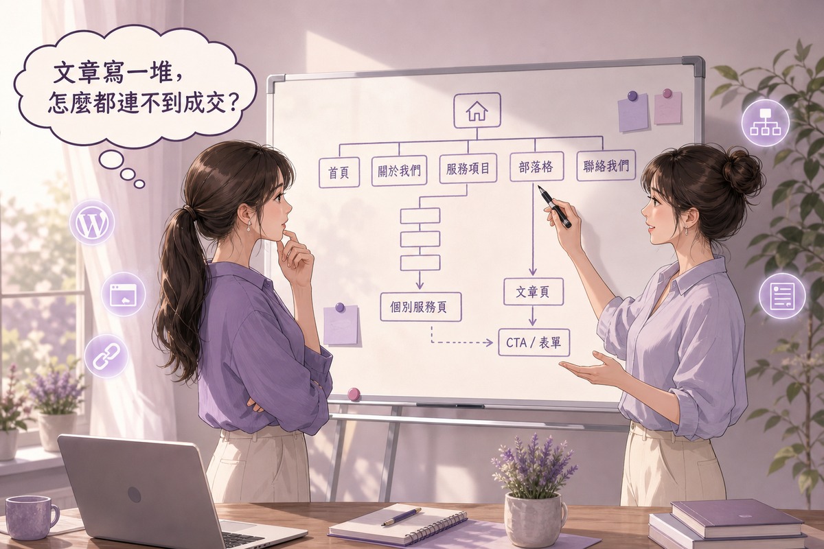 兩位網站經營者在白板前討論網站架構的插畫